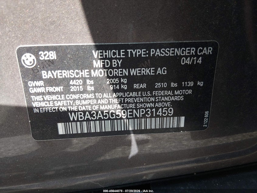 2014 BMW 328I VIN: WBA3A5G59ENP31459 Lot: 45644078