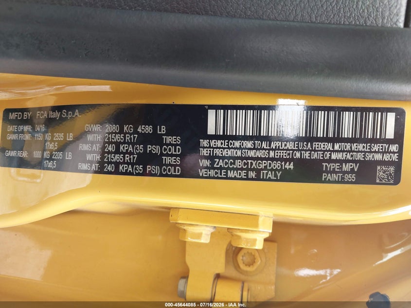 2016 Jeep Renegade Trailhawk VIN: ZACCJBCTXGPD66144 Lot: 45644085