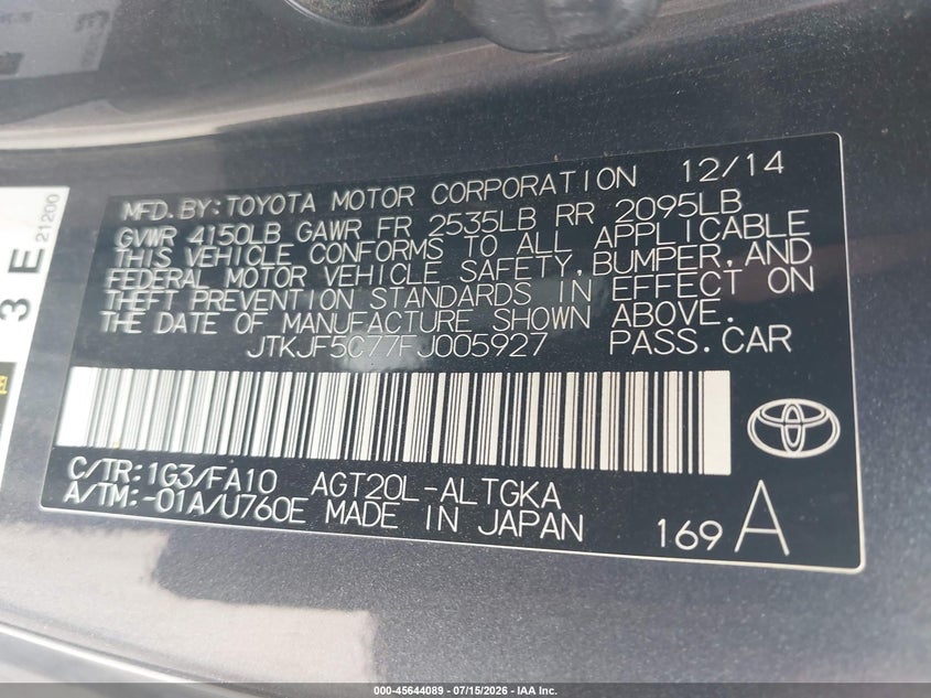 2015 Scion Tc VIN: JTKJF5C77FJ005927 Lot: 45644089