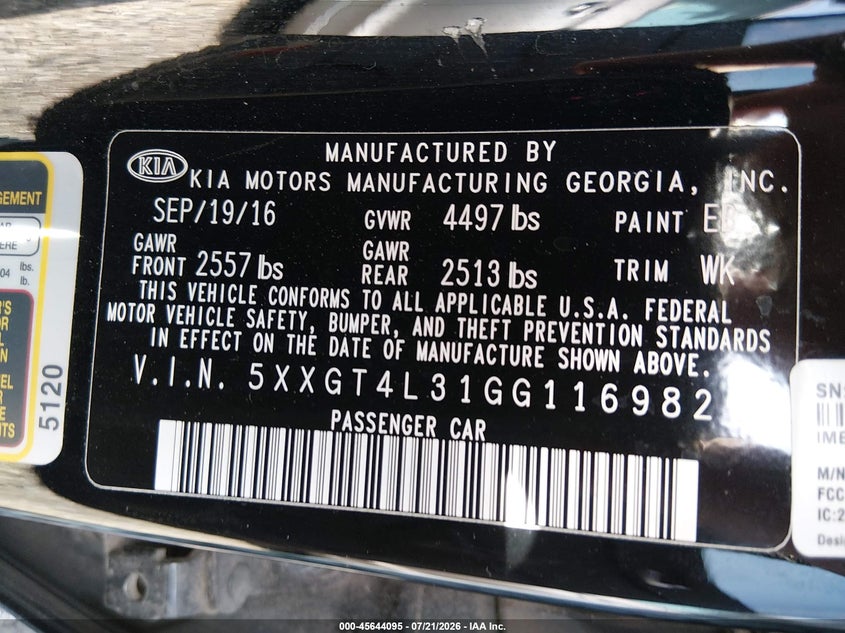 2016 Kia Optima Lx VIN: 5XXGT4L31GG116982 Lot: 45644095