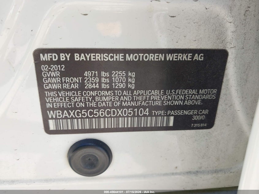 2012 BMW 528I VIN: WBAXG5C56CDX05104 Lot: 45644101