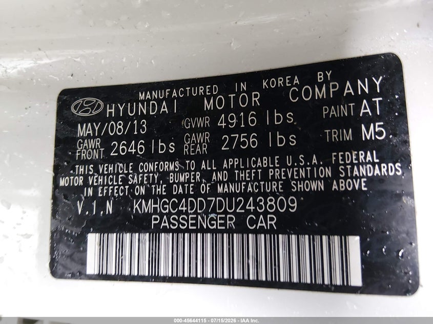 2013 Hyundai Genesis 3.8 VIN: KMHGC4DD7DU243809 Lot: 45644115