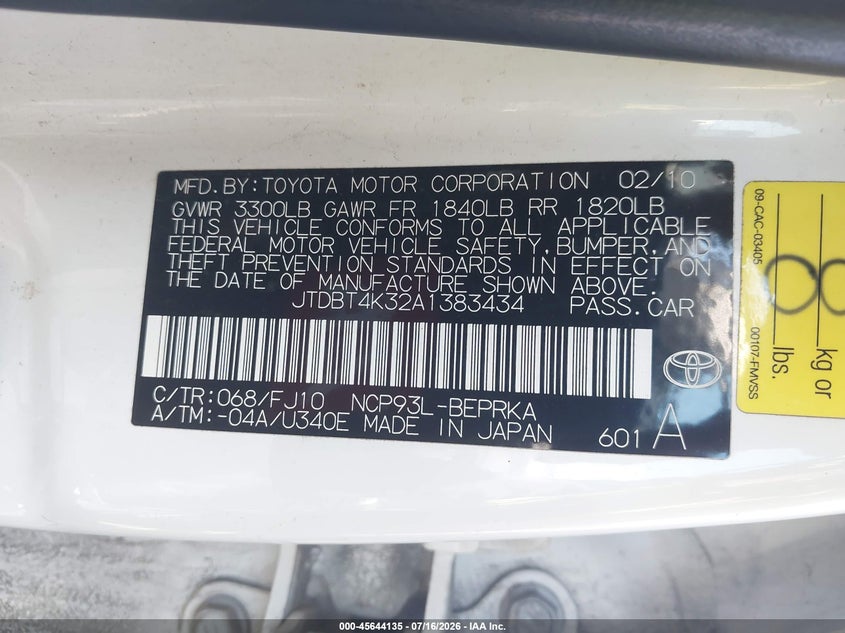 2010 Toyota Yaris VIN: JTDBT4K32A1383434 Lot: 45644135