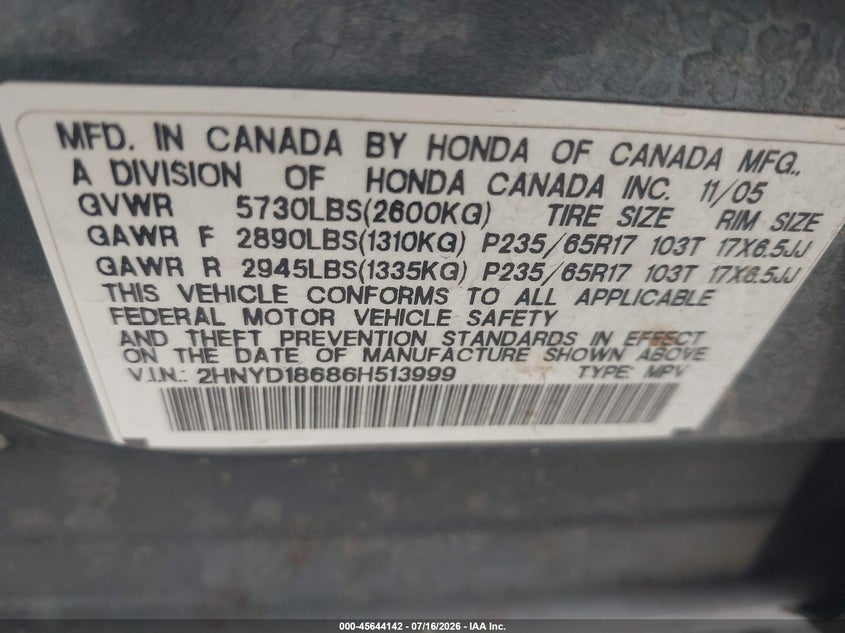 2006 Acura Mdx VIN: 2HNYD18686H513999 Lot: 45644142