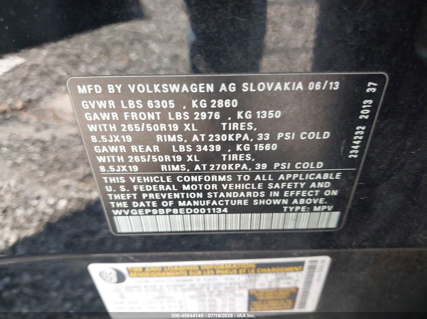 2014 Volkswagen Touareg Tdi Lux VIN: WVGEP9BP8ED001134 Lot: 45644148