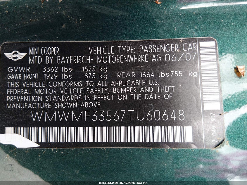 2007 Mini Cooper VIN: WMWMF33567TU60648 Lot: 45644169