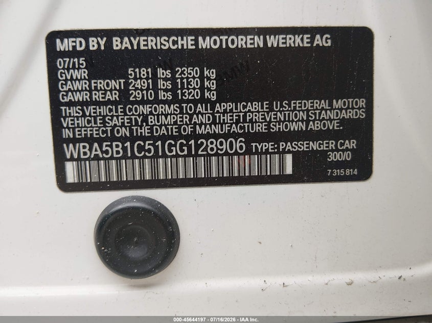 2016 BMW 535I VIN: WBA5B1C51GG128906 Lot: 45644197