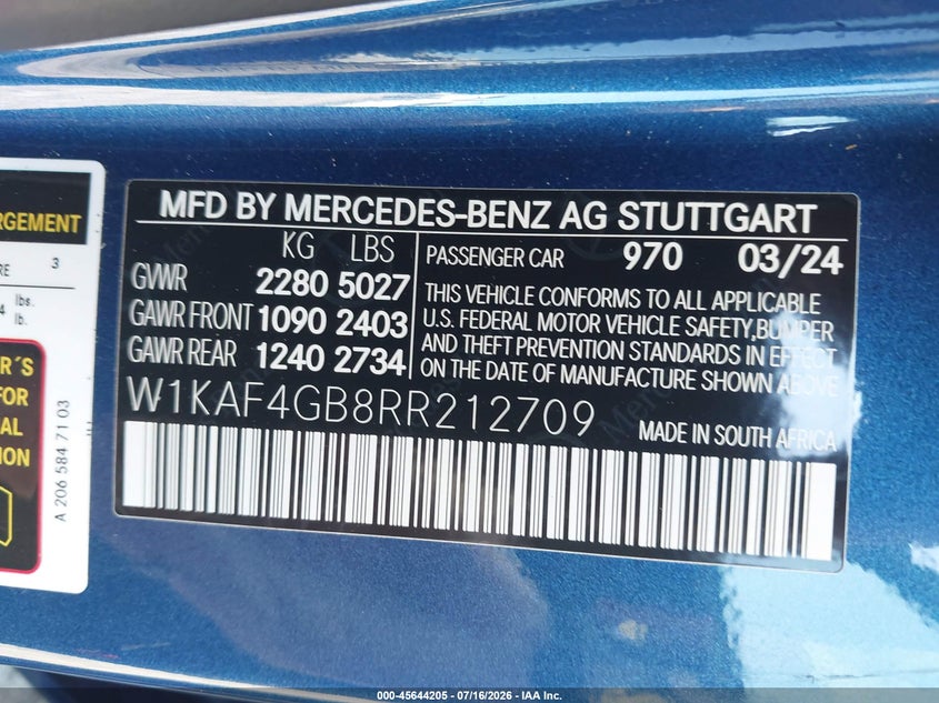 2024 Mercedes-Benz C 300 VIN: W1KAF4GB8RR212709 Lot: 45644205