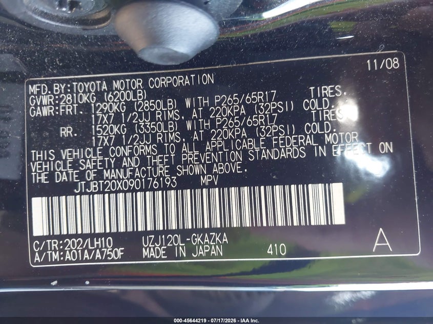 2009 Lexus Gx 470 VIN: JTJBT20X090176193 Lot: 45644219