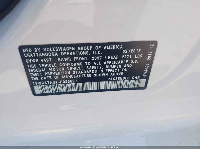 2018 Volkswagen Passat 2.0T Se VIN: 1VWBA7A37JC026597 Lot: 45644235