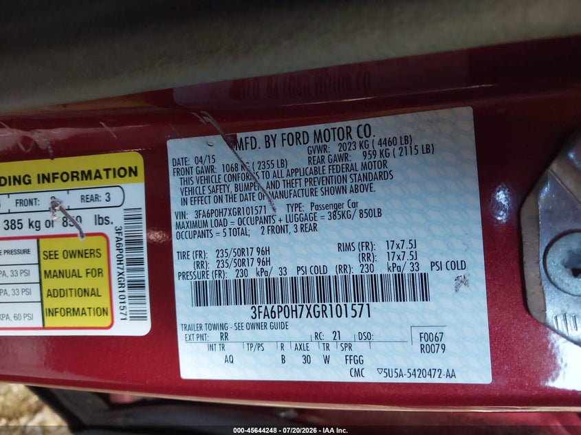 2016 Ford Fusion Se VIN: 3FA6P0H7XGR101571 Lot: 45644248