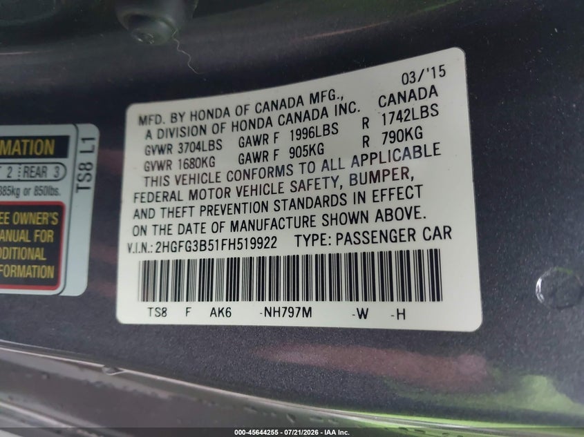 2015 Honda Civic Lx VIN: 2HGFG3B51FH519922 Lot: 45644255