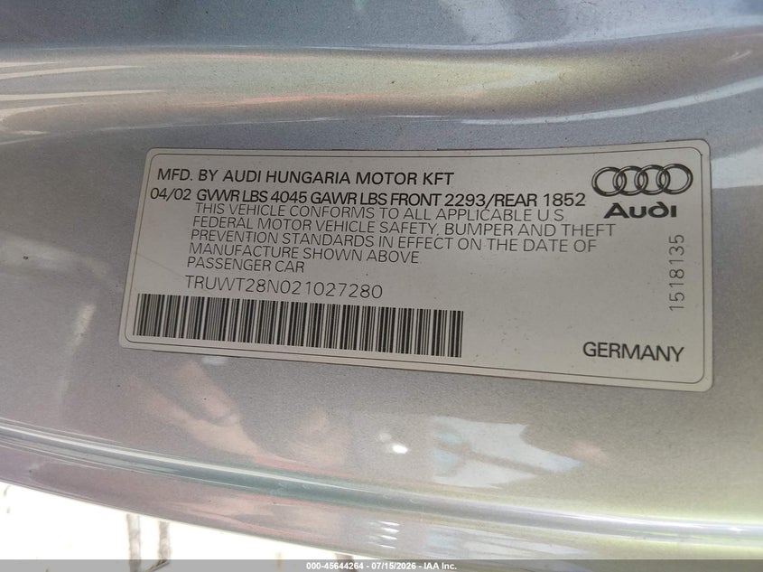 2002 Audi Tt Alms Commemorative Edition VIN: TRUWT28N021027280 Lot: 45644264