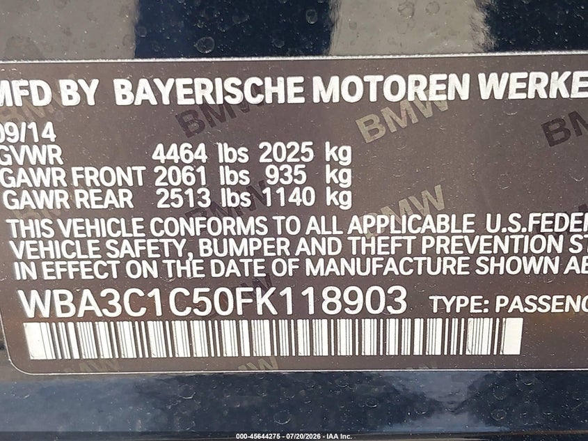 2015 BMW 328I VIN: WBA3C1C50FK118903 Lot: 45644275