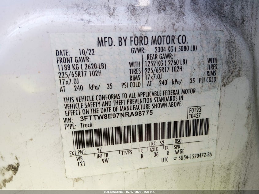 2022 Ford Maverick Xl VIN: 3FTTW8E97NRA98775 Lot: 45644283