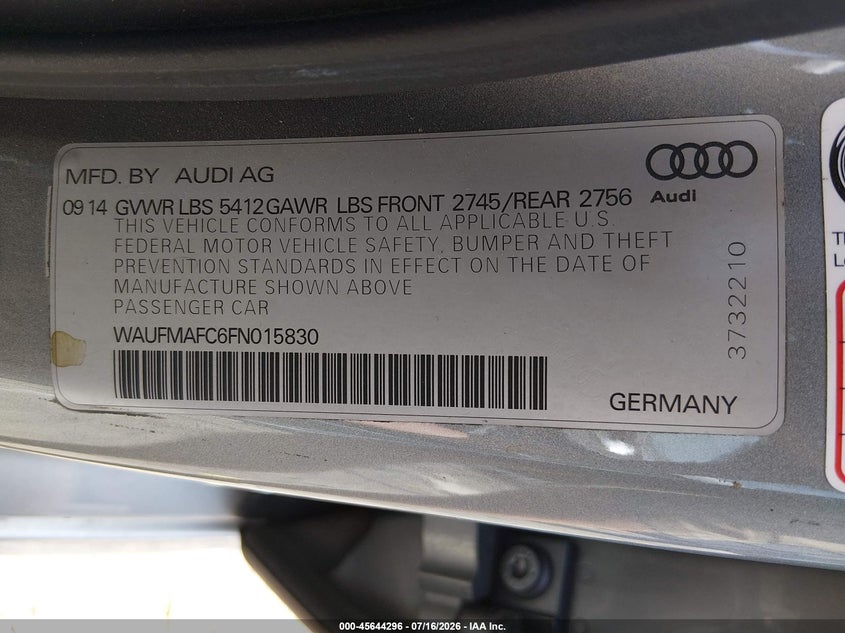 2015 Audi A6 3.0 Tdi Premium Plus VIN: WAUFMAFC6FN015830 Lot: 45644296