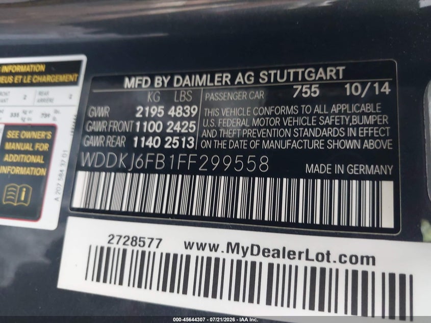 2015 Mercedes-Benz E 400 VIN: WDDKJ6FB1FF299558 Lot: 45644307