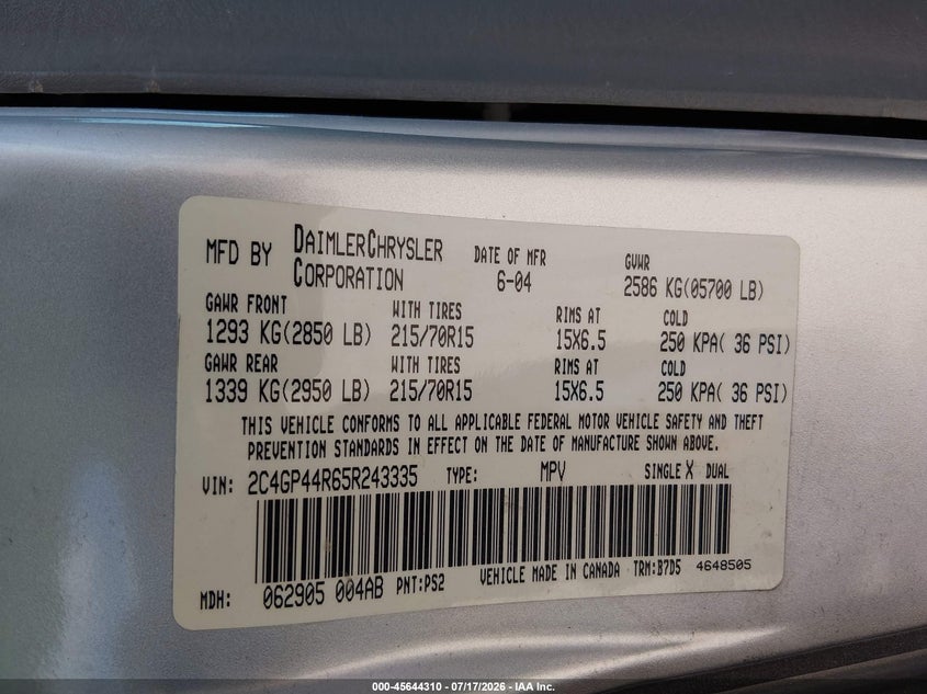 2005 Chrysler Town & Country Lx VIN: 2C4GP44R65R243335 Lot: 45644310