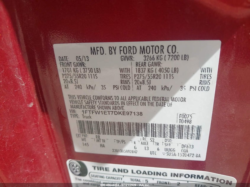 2013 Ford F-150 Lariat VIN: 1FTFW1ET7DKE97138 Lot: 45644324