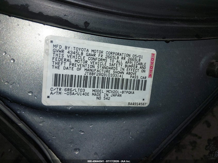 2001 Lexus Es 300 VIN: JT8BF28G910333141 Lot: 45644341