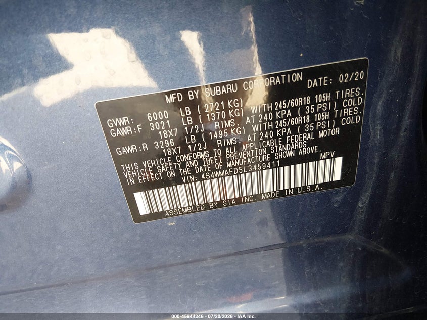 2020 Subaru Ascent Premium VIN: 4S4WMAFD5L3459411 Lot: 45644346