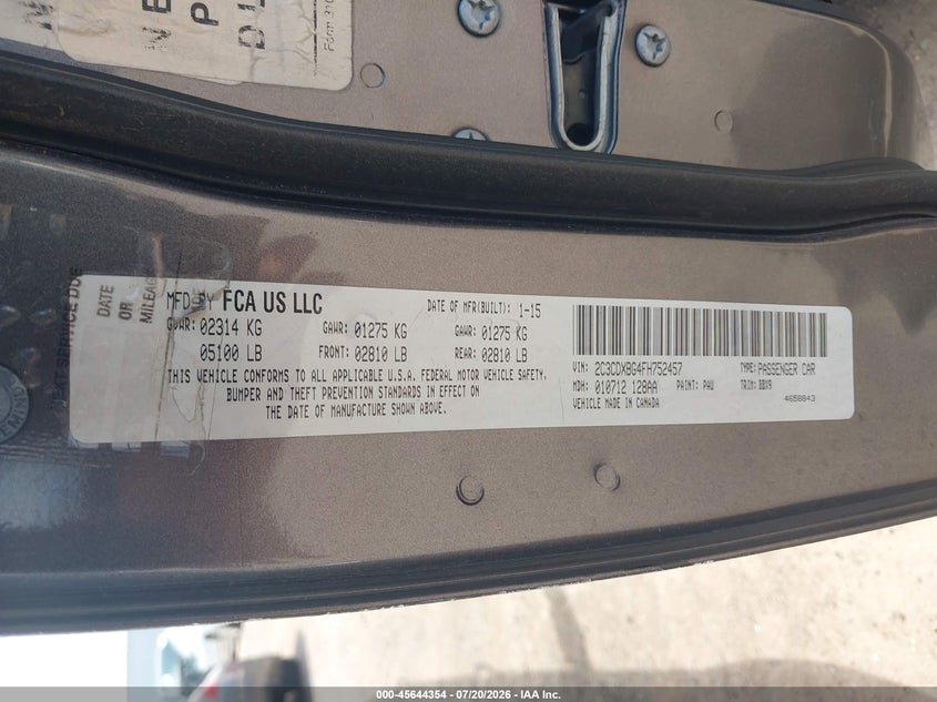 DODGE CHARGER 2015 VIN 2C3CDXBG4FH752457