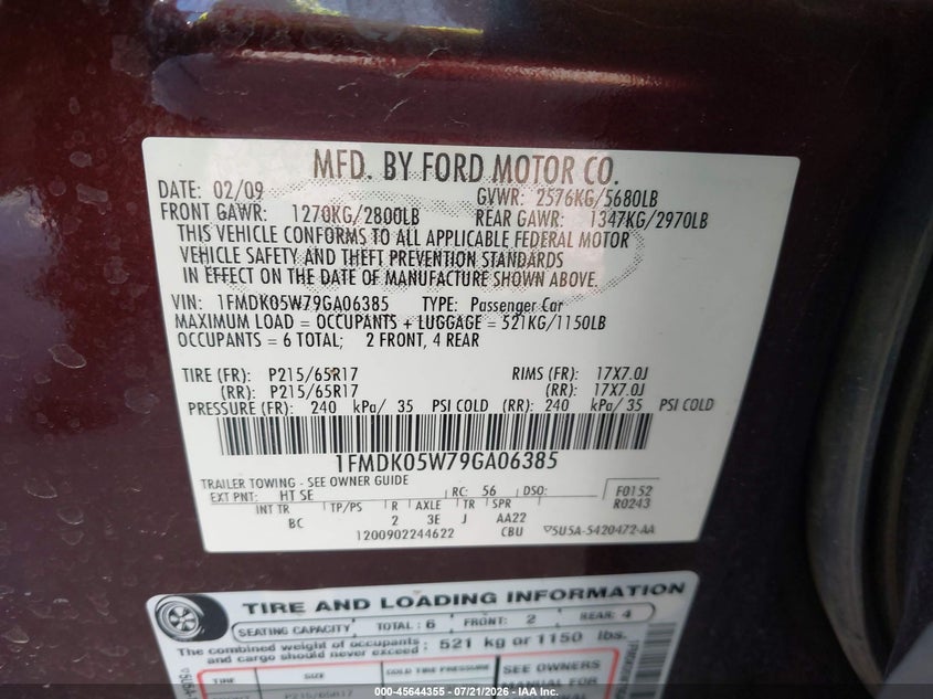2009 Ford Taurus X Sel VIN: 1FMDK05W79GA06385 Lot: 45644355
