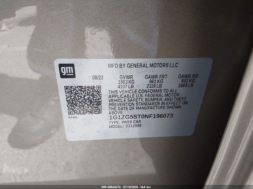 2022 Chevrolet Malibu Fwd Rs VIN: 1G1ZG5ST0NF196073 Lot: 45644370
