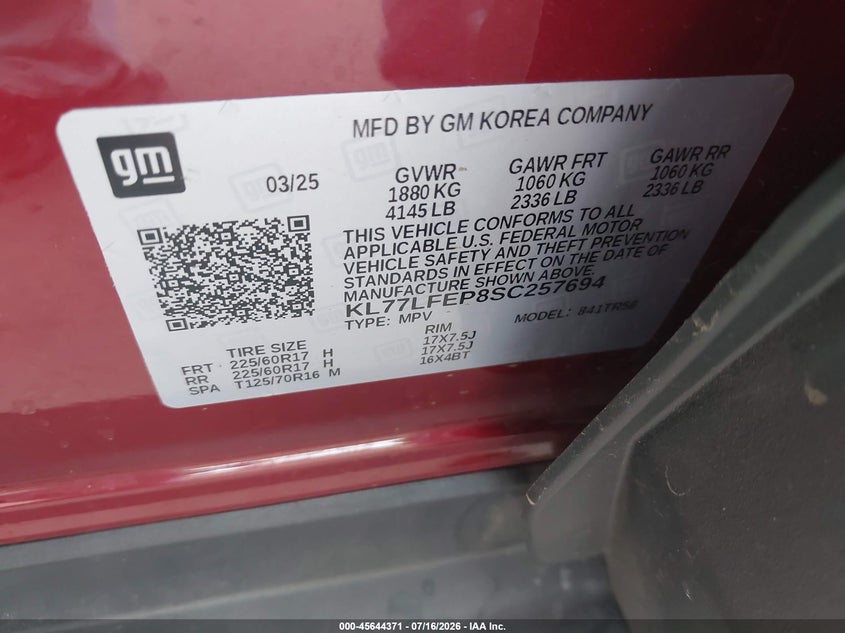 2025 Chevrolet Trax Fwd Ls VIN: KL77LFEP8SC257694 Lot: 45644371