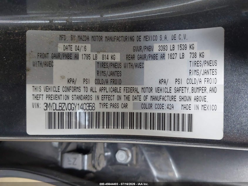 2016 Scion Ia VIN: 3MYDLBZV0GY140358 Lot: 45644403