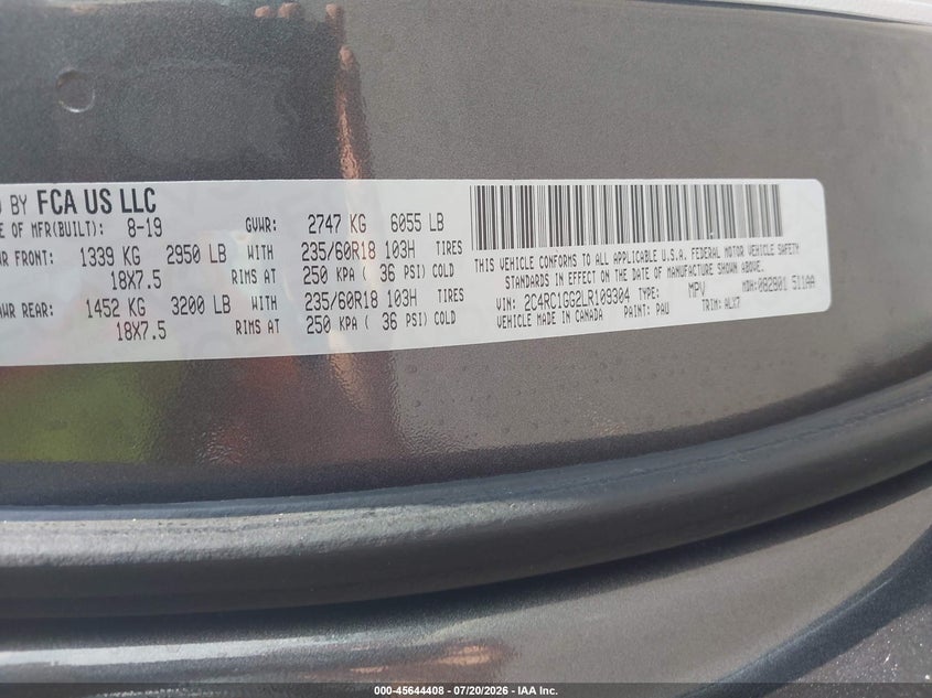 2020 Chrysler Pacifica Limited VIN: 2C4RC1GG2LR109304 Lot: 45644408