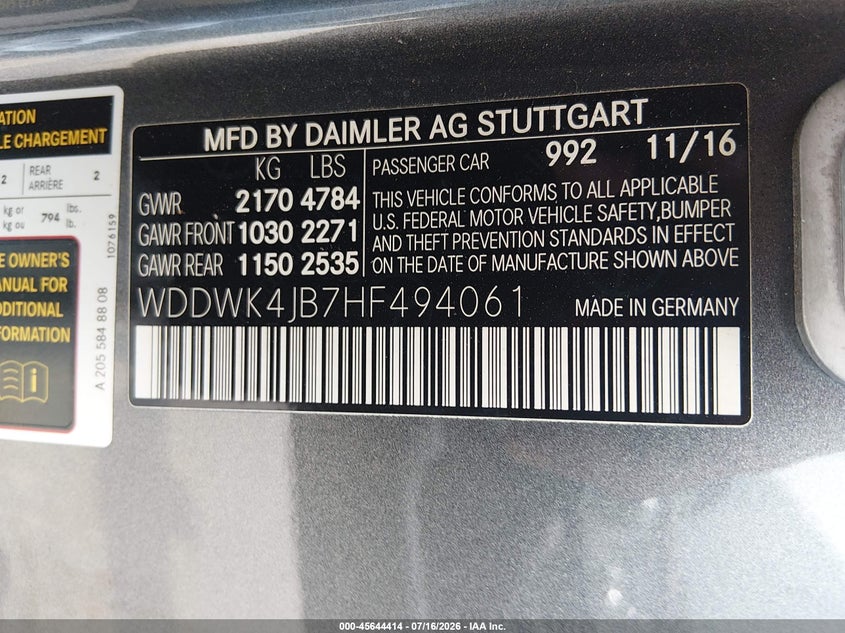 2017 Mercedes-Benz C 300 VIN: WDDWK4JB7HF494061 Lot: 45644414