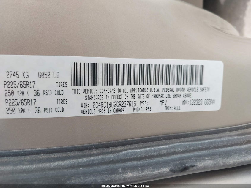 2012 Chrysler Town & Country Touring VIN: 2C4RC1BG2CR237615 Lot: 45644415