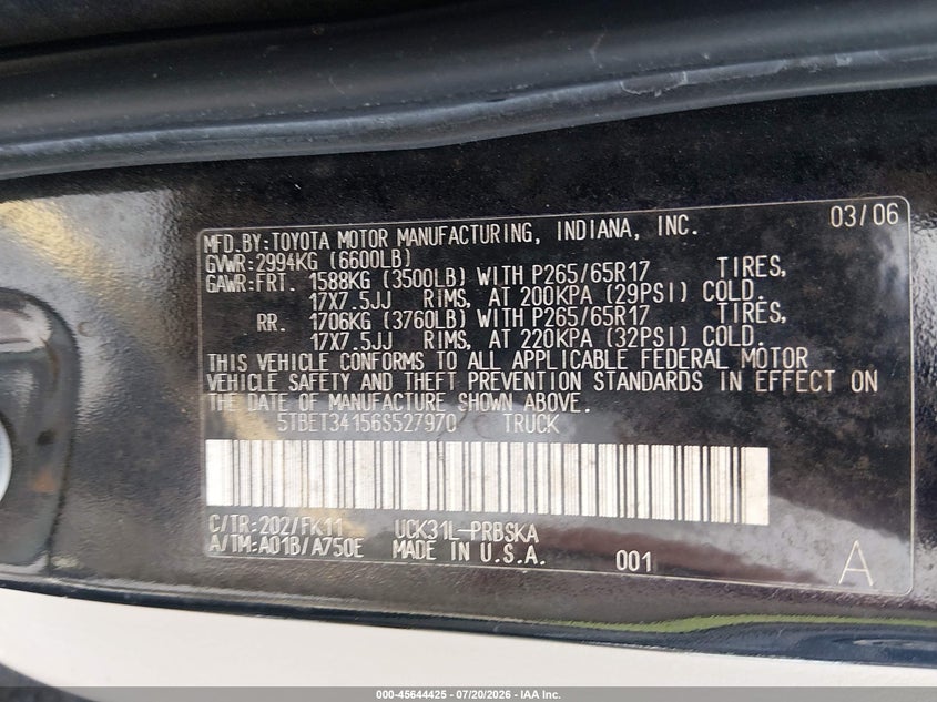2006 Toyota Tundra Sr5 V8 VIN: 5TBET34156S527970 Lot: 45644425