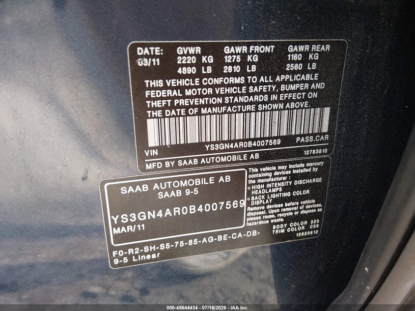 SAAB 9-5 2011 VIN YS3GN4AR0B4007569
