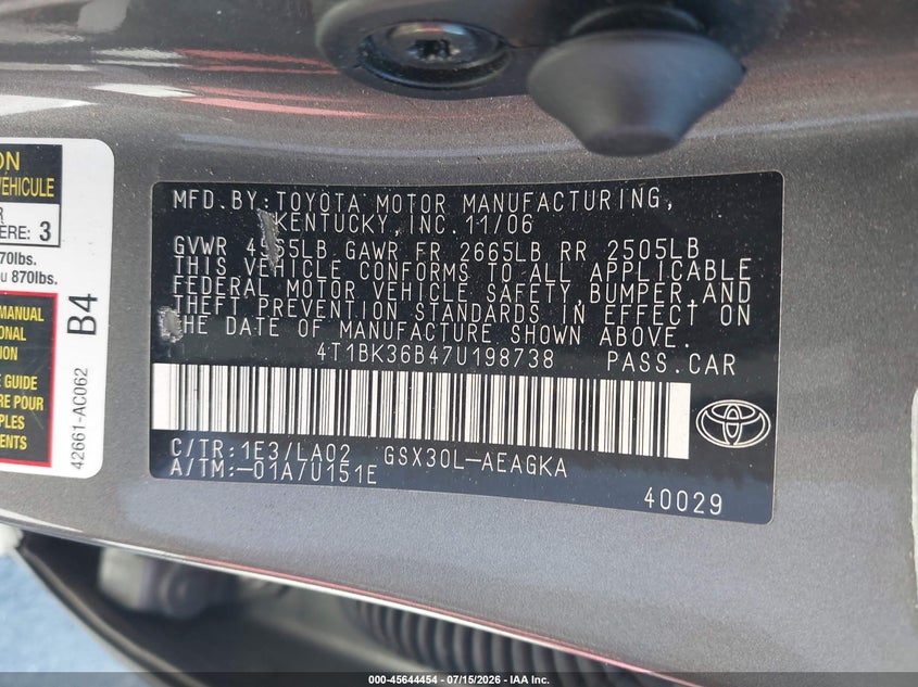 2007 Toyota Avalon Xls VIN: 4T1BK36B47U198738 Lot: 45644454