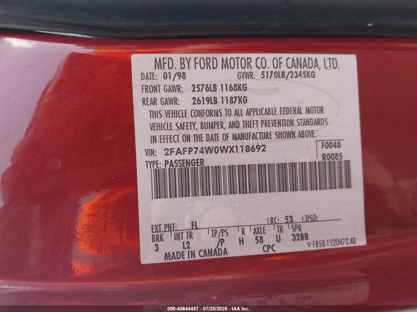 1998 Ford Crown Victoria Lx VIN: 2FAFP74W0WX118692 Lot: 45644457