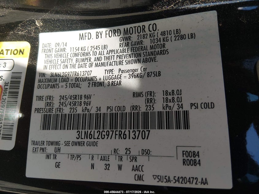2015 Lincoln Mkz VIN: 3LN6L2G97FR613707 Lot: 45644473