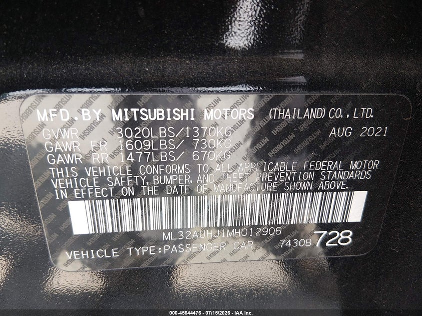 2021 Mitsubishi Mirage Carbonite Edition/Es/Le VIN: ML32AUHJ1MH012906 Lot: 45644476