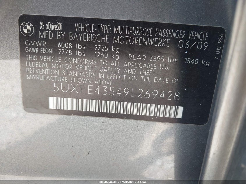 2009 BMW X5 xDrive30I VIN: 5UXFE43549L269428 Lot: 45644508
