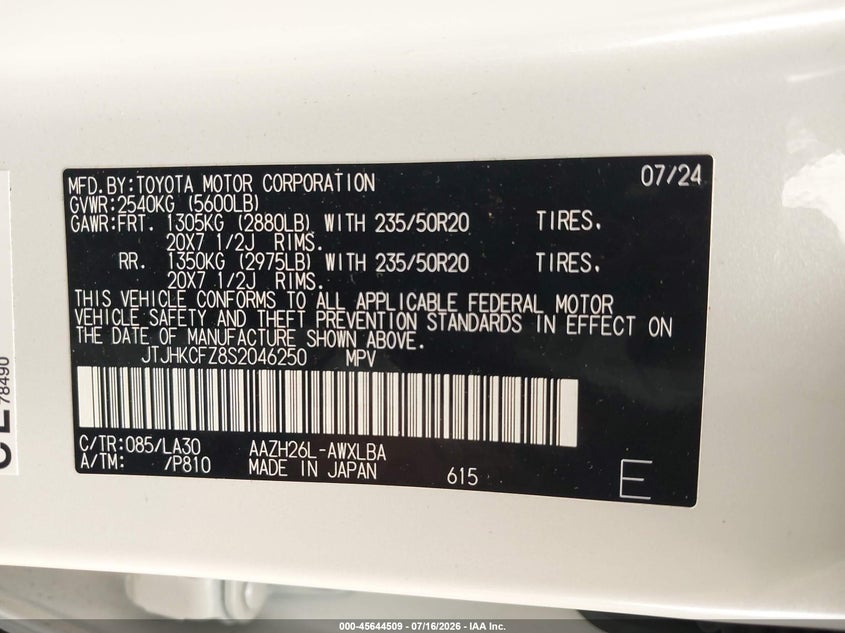 2025 Lexus Nx 450H+ Luxury VIN: JTJHKCFZ8S2046250 Lot: 45644509