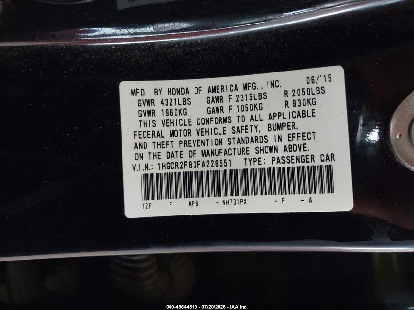 2015 Honda Accord Ex-L VIN: 1HGCR2F83FA226551 Lot: 45644519