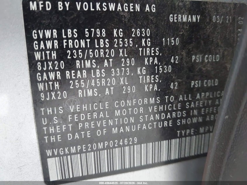 VOLKSWAGEN ID.4 2021 VIN WVGKMPE20MP024629
