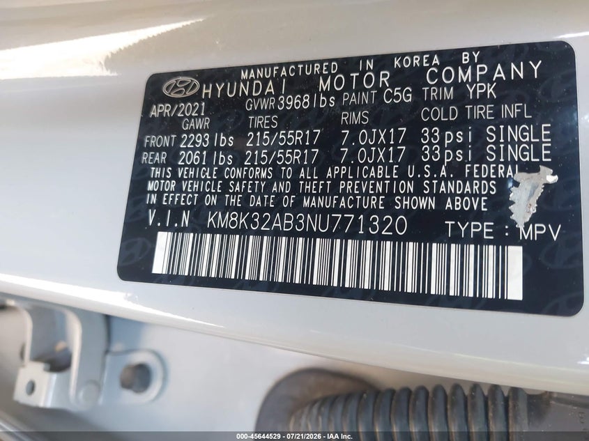 2022 Hyundai Kona Sel VIN: KM8K32AB3NU771320 Lot: 45644529