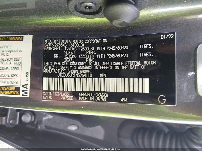 2022 Toyota 4Runner Limited VIN: JTEDU5JR1N5264110 Lot: 45644534