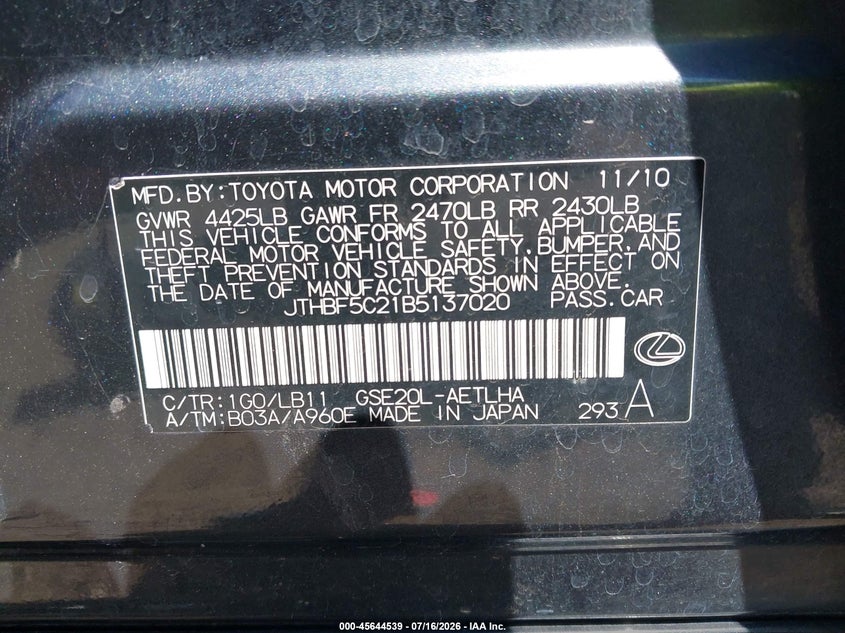 2011 Lexus Is 250 VIN: JTHBF5C21B5137020 Lot: 45644539