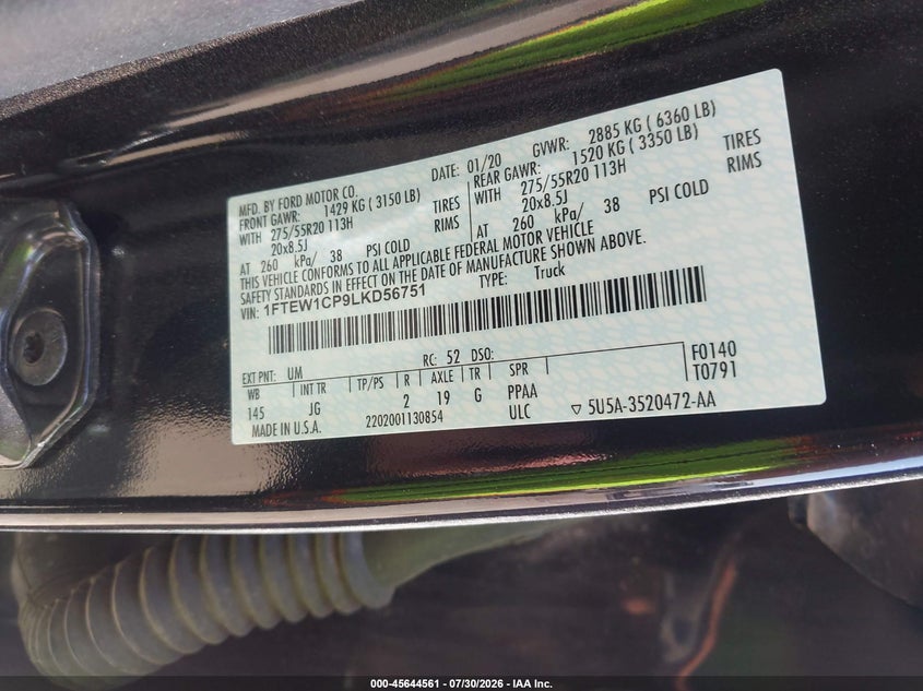 FORD F-150 2020 VIN 1FTEW1CP9LKD56751