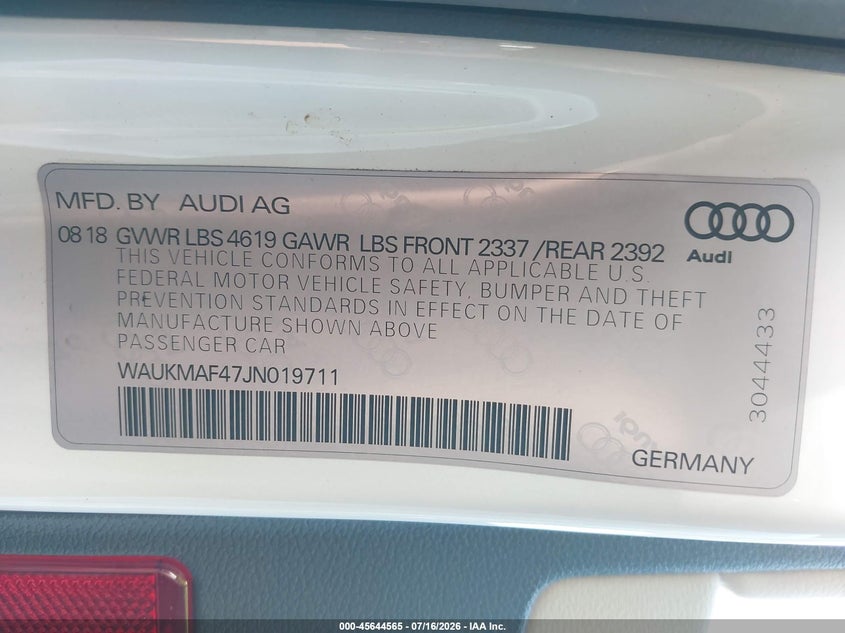 2018 Audi A4 2.0T Tech Ultra Premium/2.0T Ultra Premium VIN: WAUKMAF47JN019711 Lot: 45644565