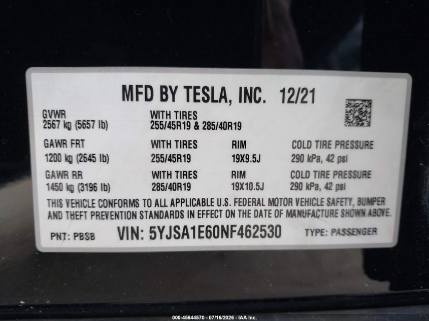 2022 Tesla Model S Plaid Tri Motor All-Wheel Drive VIN: 5YJSA1E60NF462530 Lot: 45644570
