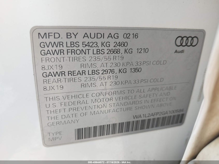 2016 Audi Q5 2.0T Premium VIN: WA1L2AFP2GA100584 Lot: 45644572